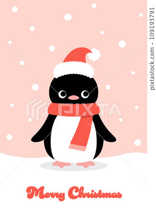 Christmas background illustration of falling snow and a penguin wearing a Santa hat 109193791