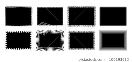 Wavy edge rectangle shape collection. Jagged rectangular form set. Black zig zag graphic design element pack for banner, poster, template, sticker, badge, label, tag, flyer. Vector illustration bundle Wavy edge rectangle shape collection. Jagged rectangular form set. Black zig zag graphic design element pack for banner, poster, template, sticker, badge, label, tag, flyer. Vector illustration bundle 109193913