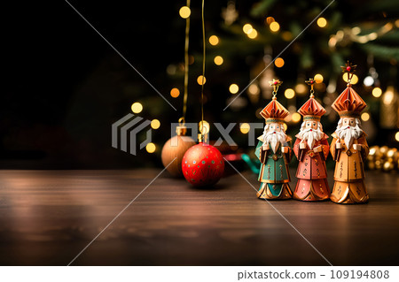 Three wise men holding gifts for Jesus. Concept religious holiday of Epiphany, Nativity of Jesus, Three Kings Day 109194808