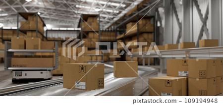 Retail shipping warehouse with cardboard boxes on a conveyor. cargo freight transportation industry. 109194948