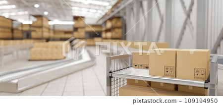Cardboard boxes on a cart in a modern distribution warehouse. Cargo freight transportation industry. 109194950