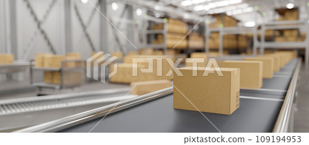 Cardboard boxes on conveyor in a modern distribution warehouse preparing to ship to customers. 109194953