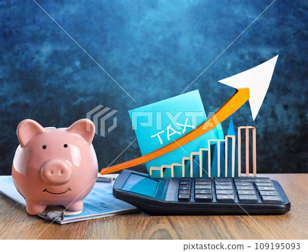 Rising graph, arrow and pig piggy bank tax increase image Generative AI 109195093