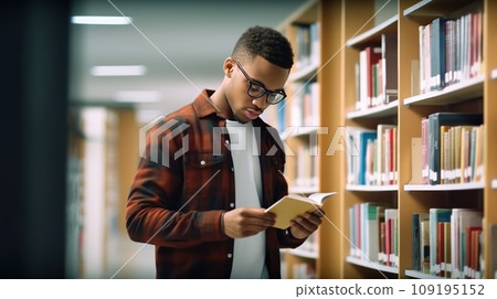 African American male student in glasses reads book standing near shelves in university library. African American male student in glasses reads book standing near shelves in university library. 109195152