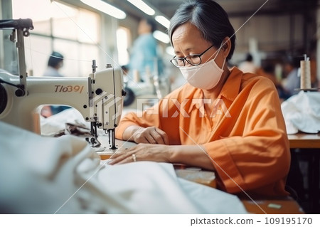 Focused elderly man tailor with experience sews things from natural fabric using sewing machine 109195170
