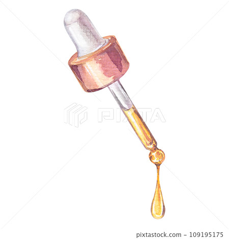 Glass pipette with a drop of essential oil on a white background. Watercolor illustration. For printing on labels and packaging. 109195175