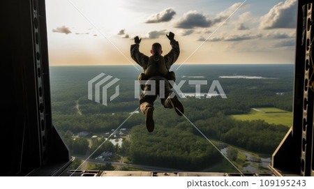 Airborne soldier with parachute on back jumps out of military plane at sunrise light Airborne soldier with parachute on back jumps out of military plane at sunrise light 109195243