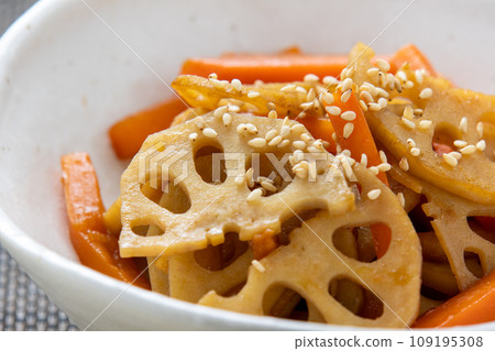 胡蘿蔔和蓮藕kinpira的特寫。 胡蘿蔔和蓮藕kinpira的特寫。 109195308