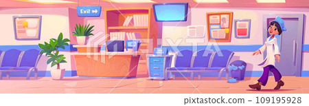 Female doctor walking hospital lobby Female doctor walking hospital lobby 109195928