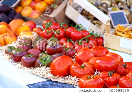 Nice. French market. Tomatoes. Tomato background. Tomatoes sold in the fresh market. 109195989