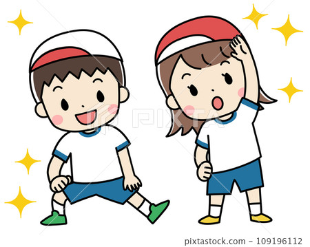 孩子們穿著運動服做熱身運動和伸展運動的插圖 109196112