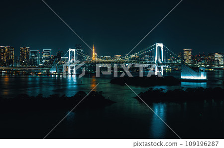 Tokyo Bay with the Rainbow Bridge, Odaiba, Tokyo, at night 109196287