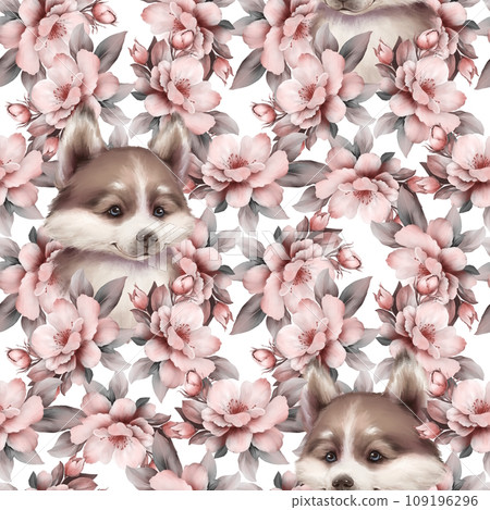Seamless pattern with cute husky dogs and flowers 109196296