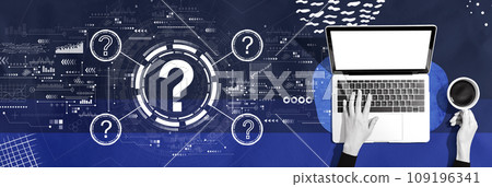 Question marks with person using a laptop Question marks with person using a laptop 109196341