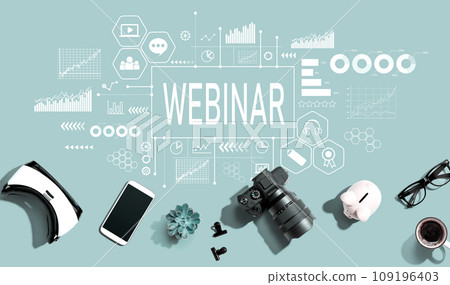 Webinar theme with electronic gadgets and office supplies Webinar theme with electronic gadgets and office supplies 109196403