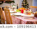 Beautiful dinner for new year and christmas tree decoration background. 109196413