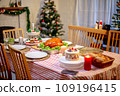 Beautiful dinner for new year and christmas tree decoration background. 109196415