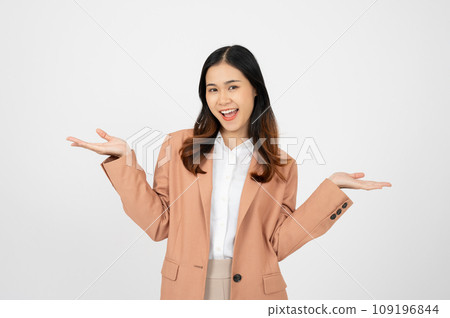 Happy Asian businesswoman presenting or showing open hand palm on white isolated background. 109196844