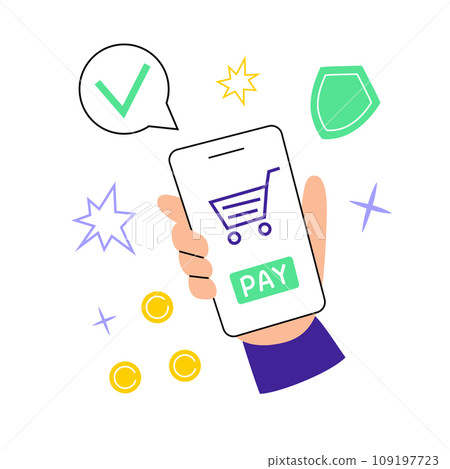 Online payment composition, internet shopping vector illustration, pay button on smartphone screen in human hand, mobile bank app for online shopping, using cell phone to buy, colored clipart 109197723