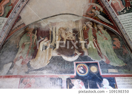 Virgin Mary with baby Jesus and Saints, fresco in the cloister, Cathedral of Santa Maria Assunta and San Cassiano in Bressanone, Italy Virgin Mary with baby Jesus and Saints, fresco in the cloister, Cathedral of Santa Maria Assunta and San Cassiano in Bressanone, Italy 109198350