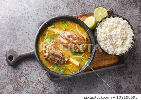 Nalli Nihari Indian Slow cooked Lamb Stew with rice closeup on the wooden board. Horizontal top view 109198593