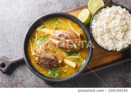 Lamb nihari, pakistani curry cuisine with garnish rice closeup on the wooden board. Horizontal top view 109198595