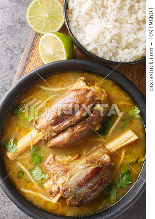 Nihari is a deliciously smooth flour based stew with slow cooked mutton and a myriad of spices served with rice closeup. Vertical top view Nihari is a deliciously smooth flour based stew with slow cooked mutton and a myriad of spices served with rice closeup. Vertical top view 109198601