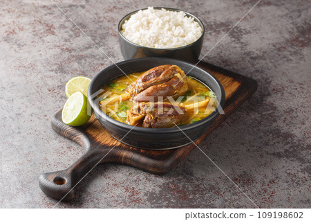 Lamb nihari, pakistani curry cuisine with garnish rice closeup on the wooden board. Horizontal 109198602