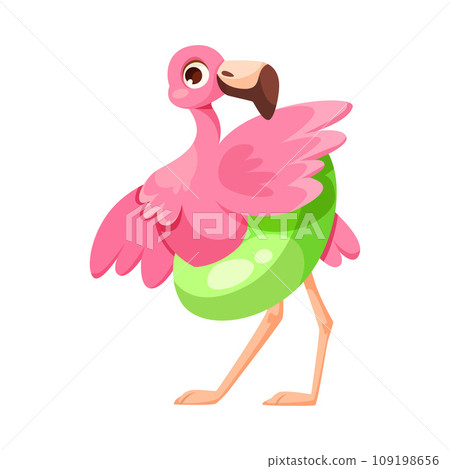 Pink Flamingo Character with Long Neck and Legs with Rubber Ring Vector Illustration Pink Flamingo Character with Long Neck and Legs with Rubber Ring Vector Illustration 109198656
