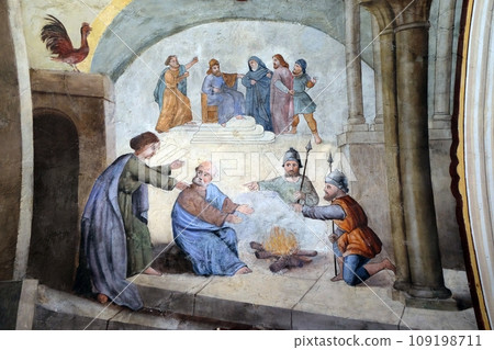 Peter denies Jesus before the rooster crows three times, fresco in the church of Saint Matthew in Stitar, Croatia 109198711