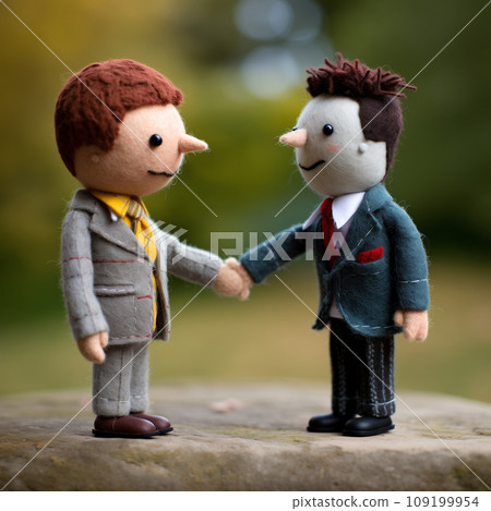 Romantic date in a park of a gay male interracial couple. Two felted men toys holding hands and smiling. AI-generated 109199954