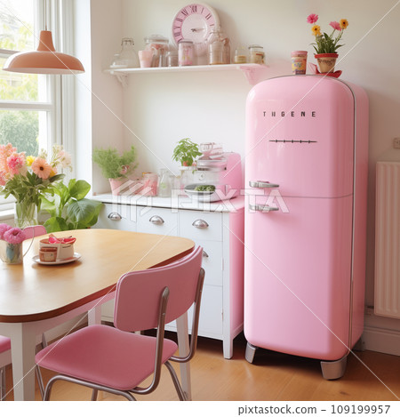 Retro kitchen interior with a pink fridge and white furniture. Vintage refrigerator in a 70-s home. AI-generated 109199957