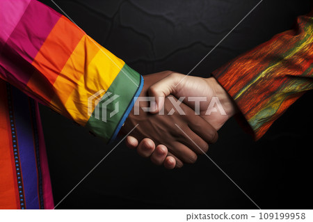 Two businessmen in colorful suits shaking hands. Close-up handshake of a black man and a white man wearing traditional clothing. AI-generated 109199958