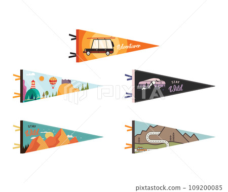 Set of adventure pennants. Camping Pennant flags design. Vintage outdoor designs with summer camp symbols mountains, bison, camper car. Stock vector collection Set of adventure pennants. Camping Pennant flags design. Vintage outdoor designs with summer camp symbols mountains, bison, camper car. Stock vector collection 109200085