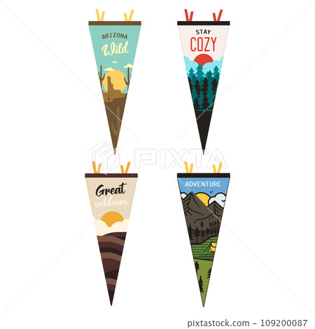 Adventure pennants set. Camping Pennant flags design. Vintage outdoor designs with summer camp symbols mountains, lantern, arizona desert. Stock vector collection Adventure pennants set. Camping Pennant flags design. Vintage outdoor designs with summer camp symbols mountains, lantern, arizona desert. Stock vector collection 109200087