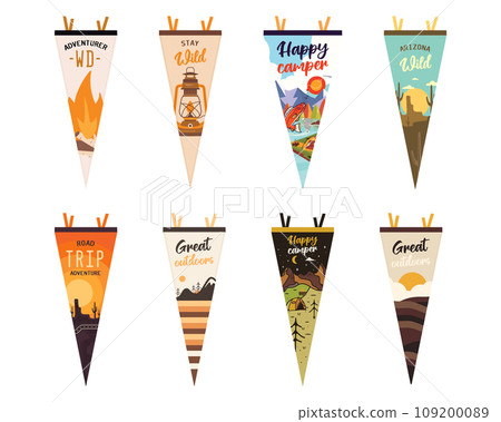 Set of adventure pennants. Camping Pennant flags design. Vintage outdoor designs with summer camp symbols mountains, lantern, fishing. Stock vector collection Set of adventure pennants. Camping Pennant flags design. Vintage outdoor designs with summer camp symbols mountains, lantern, fishing. Stock vector collection 109200089