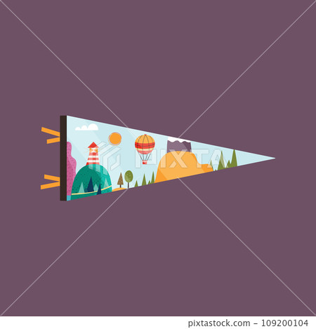 Adventure pennant. Camping Pennant flag design. Vintage outdoor sublimation with travel scene and hot balloon. Stock vector graphics on dark background 109200104