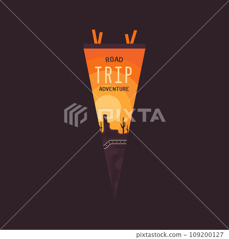 Adventure pennant. Camping Pennant flag design. Vintage outdoor sublimation with road trip scene. Stock graphics 109200127