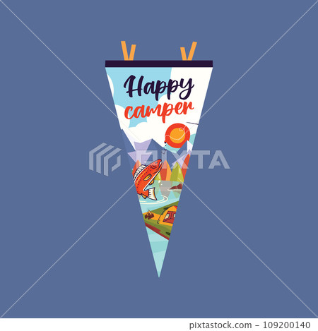 Adventure pennant. Camping Pennant flag design. Vintage outdoor sublimation with fishing landscape. Stock vector graphics on dark background Adventure pennant. Camping Pennant flag design. Vintage outdoor sublimation with fishing landscape. Stock vector graphics on dark background 109200140