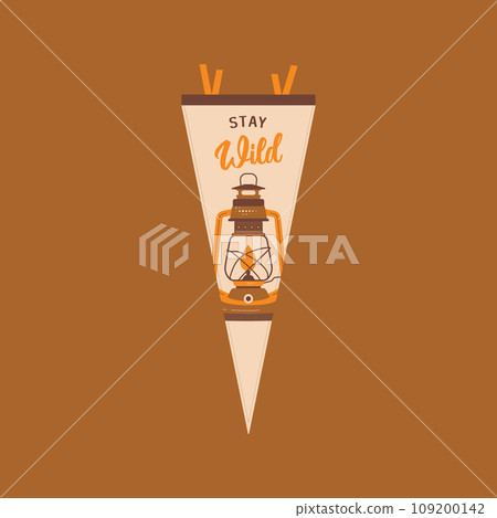 Adventure pennant. Camping Pennant flag design. Vintage outdoor sublimation with retro lantern . Stock vector graphics on dark background Adventure pennant. Camping Pennant flag design. Vintage outdoor sublimation with retro lantern . Stock vector graphics on dark background 109200142