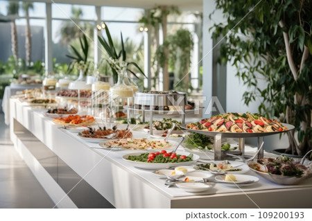 Catering buffet meal on a white long table in a modern restaurant Catering buffet meal on a white long table in a modern restaurant 109200193