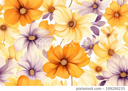 Orange and purple flower pattern. Seamless watercolor with flowers and leaves. 109200235