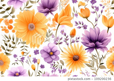 Orange and purple flower pattern. Seamless watercolor with flowers and leaves. 109200236