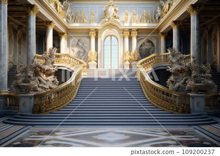 A staircase with gold railings and statues 109200237