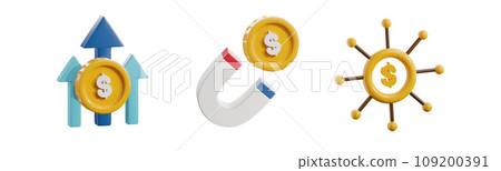 Investment Growth Dollar Rate Increase. salary or cost rise up. Magnet Attracting golden Coin money. Financial diversification fund distribution. 3D Icon illustration set Isolate on white background 109200391