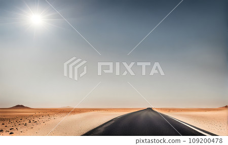 Sunny desert landscape with an asphalt road 109200478