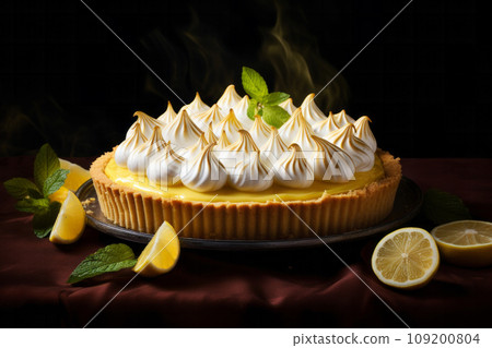 Lemon pie cake dessert topped with perfectly browned meringue in a classic dessert presentation. Generative AI Lemon pie cake dessert topped with perfectly browned meringue in a classic dessert presentation. Generative AI 109200804