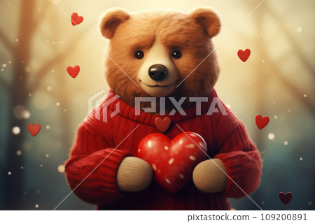Lovely bear dressed in warm winter sweater holding big red heart with soft glowing ambiance forest shades background. Generative AI 109200891
