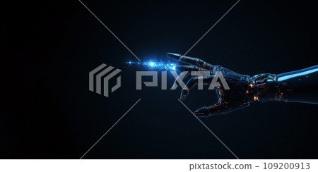 Cybernetic arm with a futuristic design glowing with blue light. Generative AI 109200913