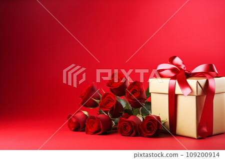 Festive gift present box with a white ribbon and bow and beautiful roses on red banner background with empty copy space for text. Generative AI 109200914